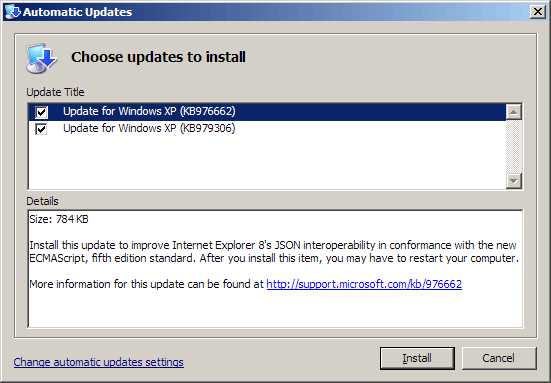 Windows Update showing a JSON bug fix for Internet Explorer 8